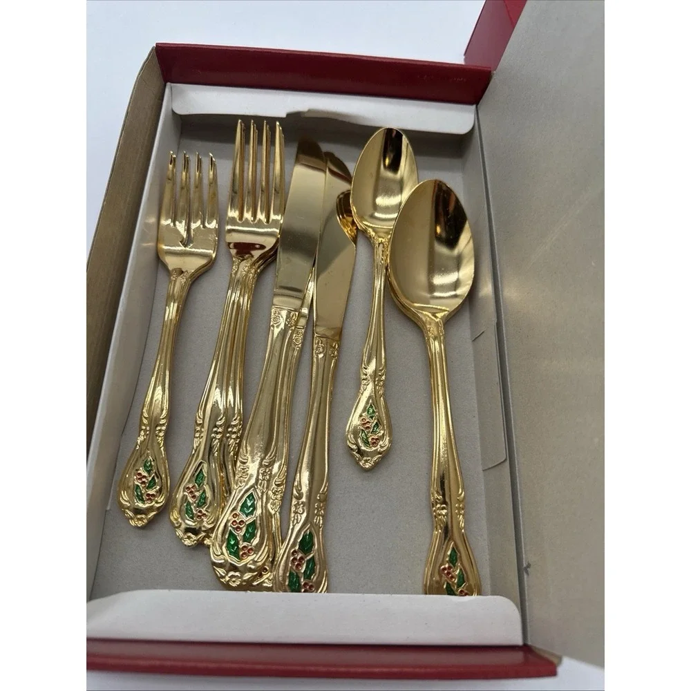 VTG Hollyberry Gold Plated Flatware NIB 20 PC Flatware Set Service For 4